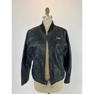 VTG 80s Black Leather Bomber Moto Jacket Patchwork Bikercore THWR Medium
